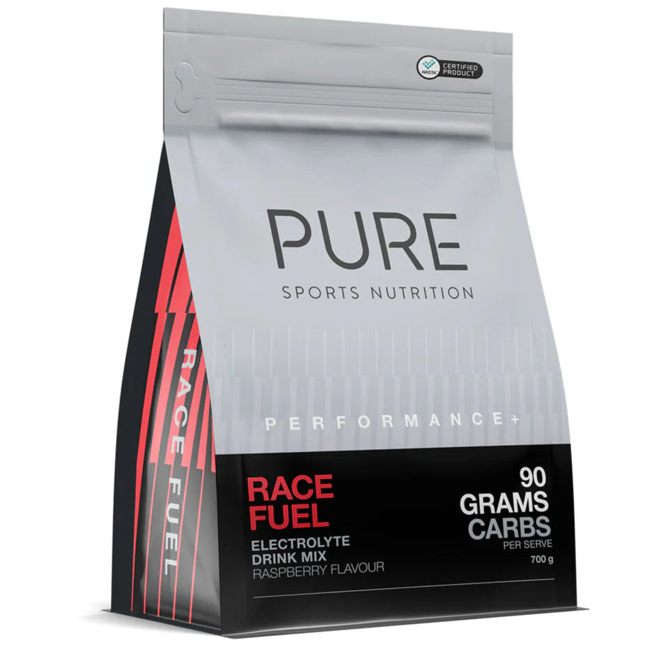 PURE Sports Nutrition race fuel electrolyte drink mix package on a white background