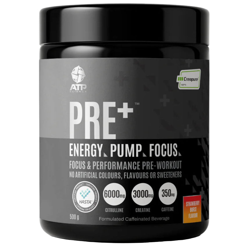 Pre-workout supplement container with black lid and gray body on a white background