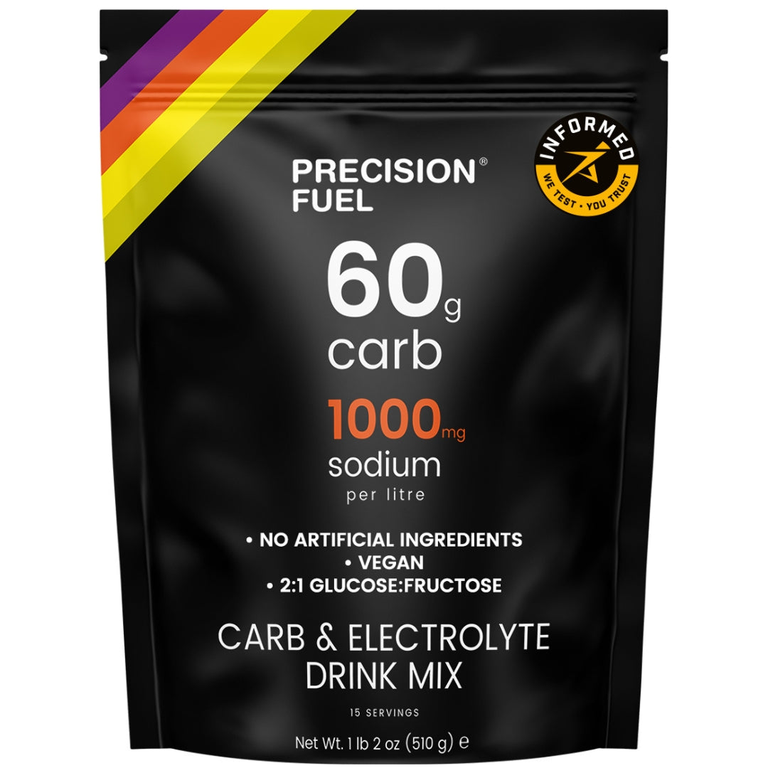 Precision Fuel carb and electrolyte drink mix package on a white background
