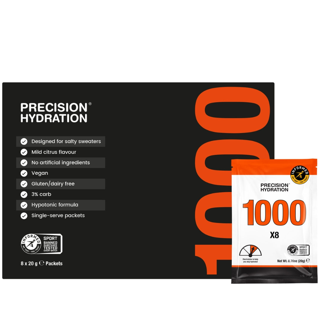 Precision Hydration 1000 single-serve packets on a white background