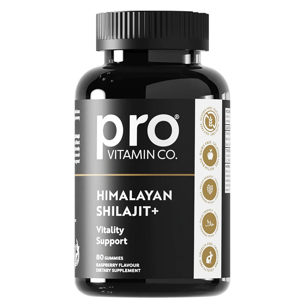 Black supplement bottle labeled 'pro Vitamin Co. Himalayan Shilajit+' on a white background