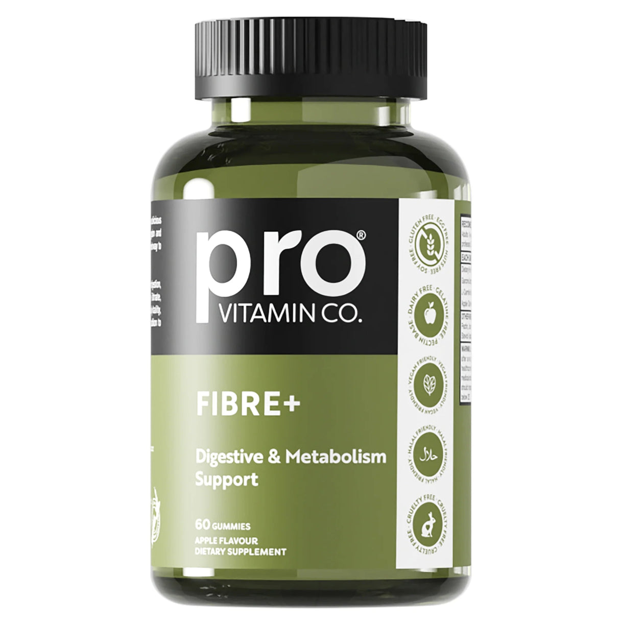 Green supplement bottle labeled 'pro Vitamin Co. Fibre+' on a white background