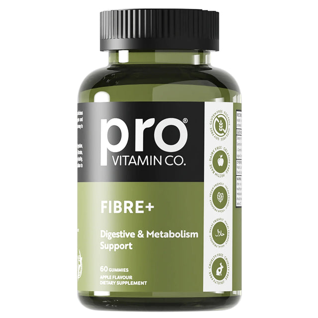 Green supplement bottle labeled 'pro Vitamin Co. Fibre+' on a white background
