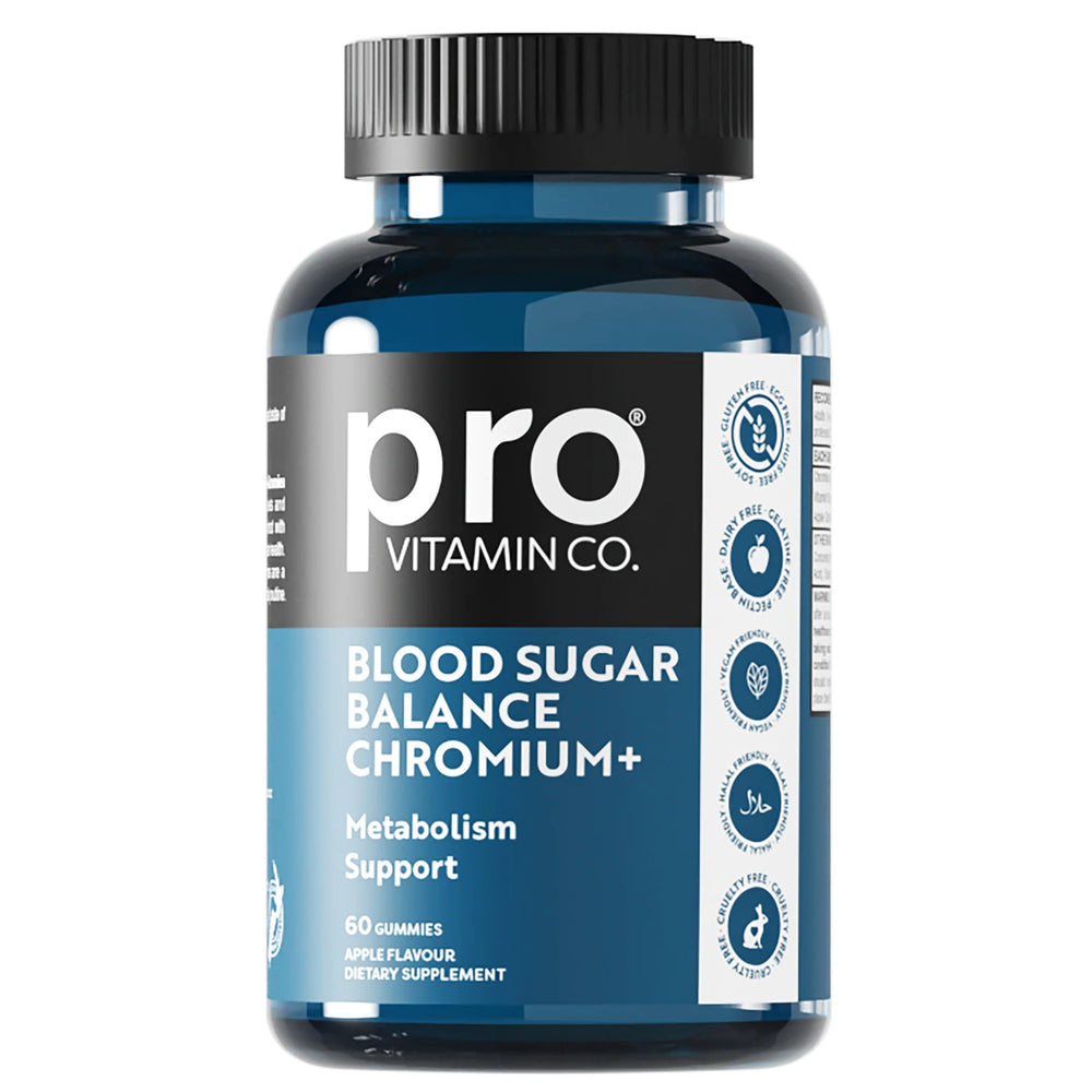 Supplement bottle labeled 'pro vitamin co.' for blood sugar balance and chromium on a white background