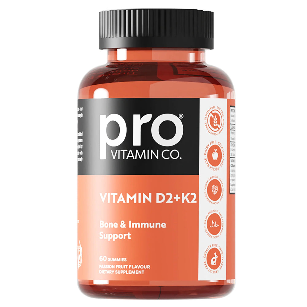 Vitamin supplement bottle with 'pro vitamin co vitamin D2+K2' label on a white background