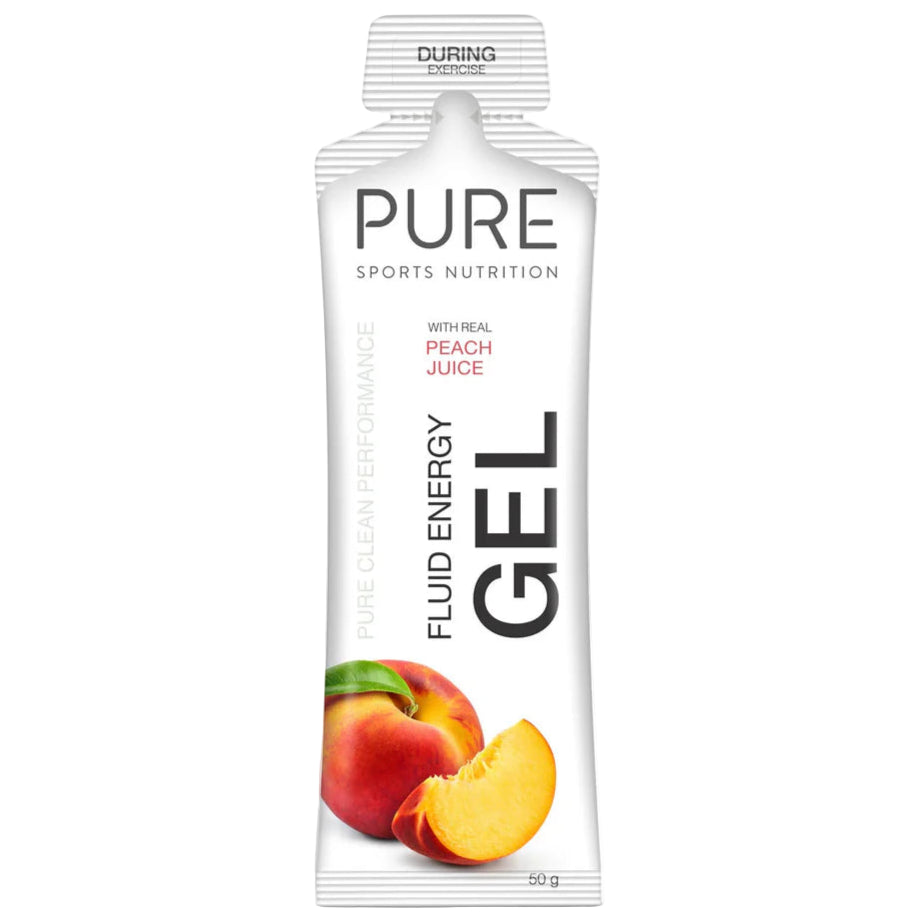 PURE Sports Nutrition fluid energy gel package with peaches on a white background