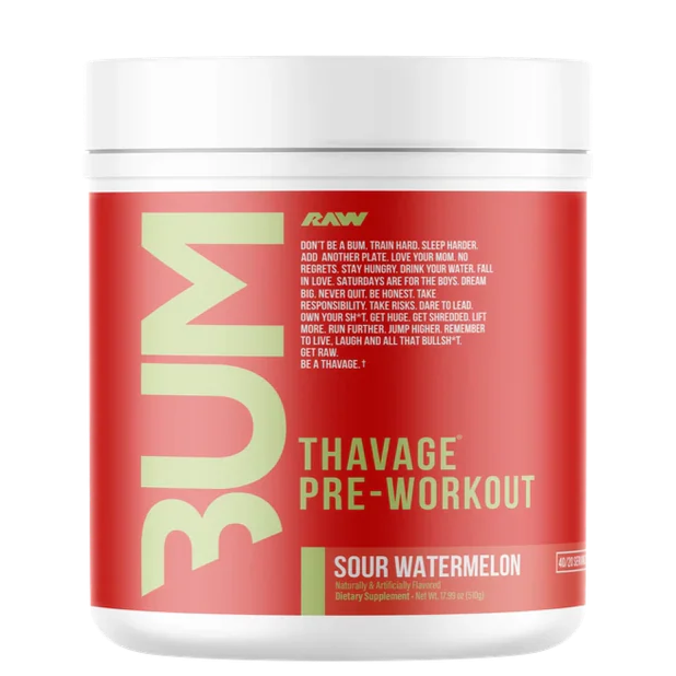 BUM Thavage Pre-Workout supplement container on a white background