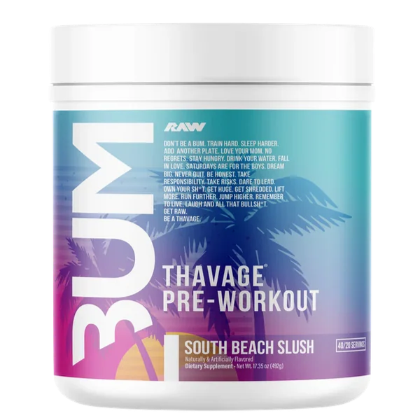 Pre-workout supplement container with 'BUM' branding on a white background