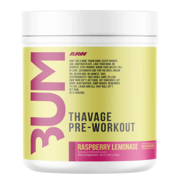 Pre-workout supplement container with 'Bum Thavage' branding on a white background