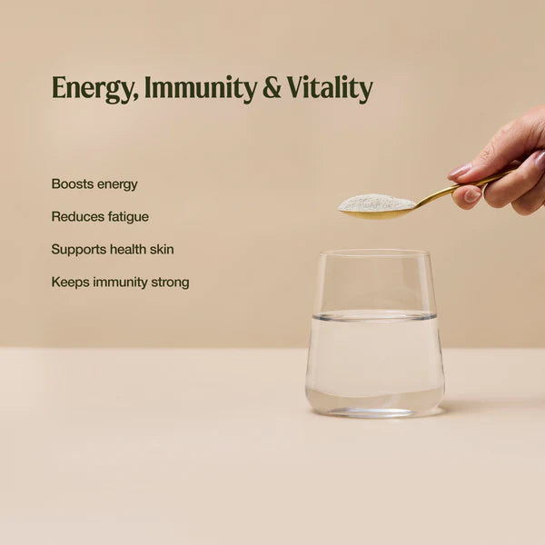 Hand pouring a spoonful of powder into a glass of water with text about energy, immunity, and vitality.