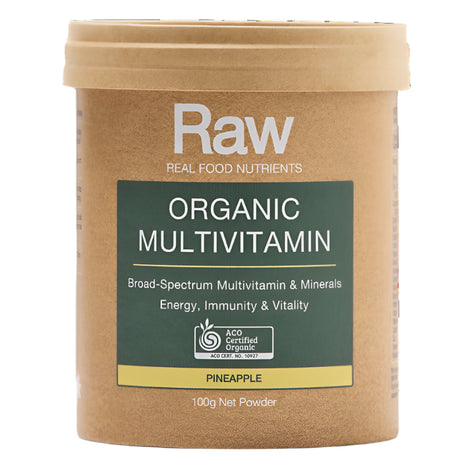 Container of Raw Organic Multivitamin on a white background