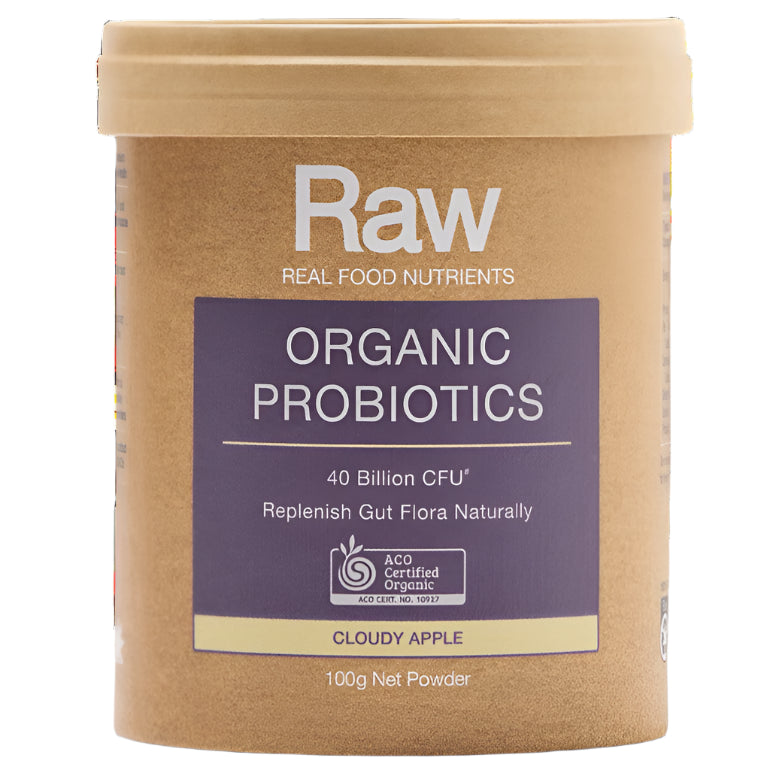 Container of Raw Organic Probiotics on a white background