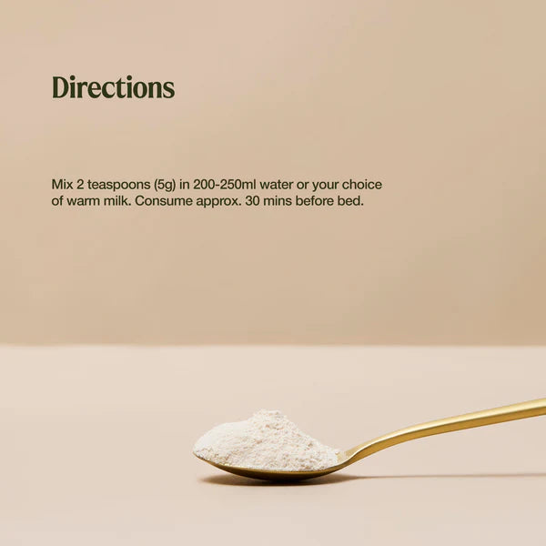 Spoon with raw real food nutrients sleep magnesium powder and text on a beige background