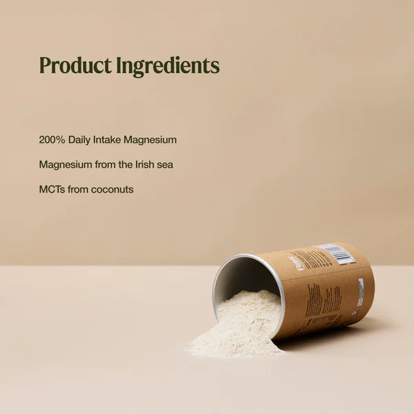 Product ingredients of Raw Real Food Nutrients Sleep Magnesium Powder listed with a cardboard tube spilling contents on a beige background