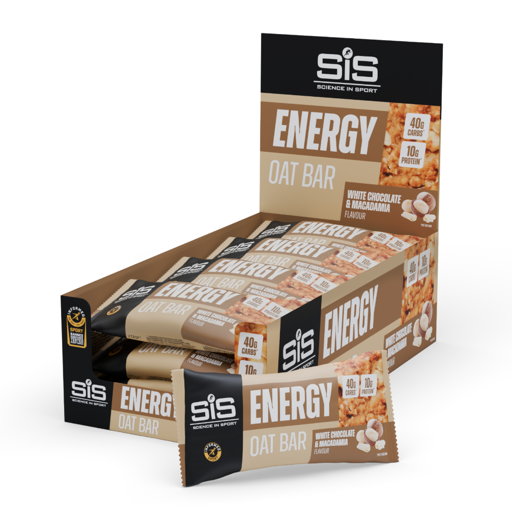 Box of SIS Energy Oat Bars on a white background
