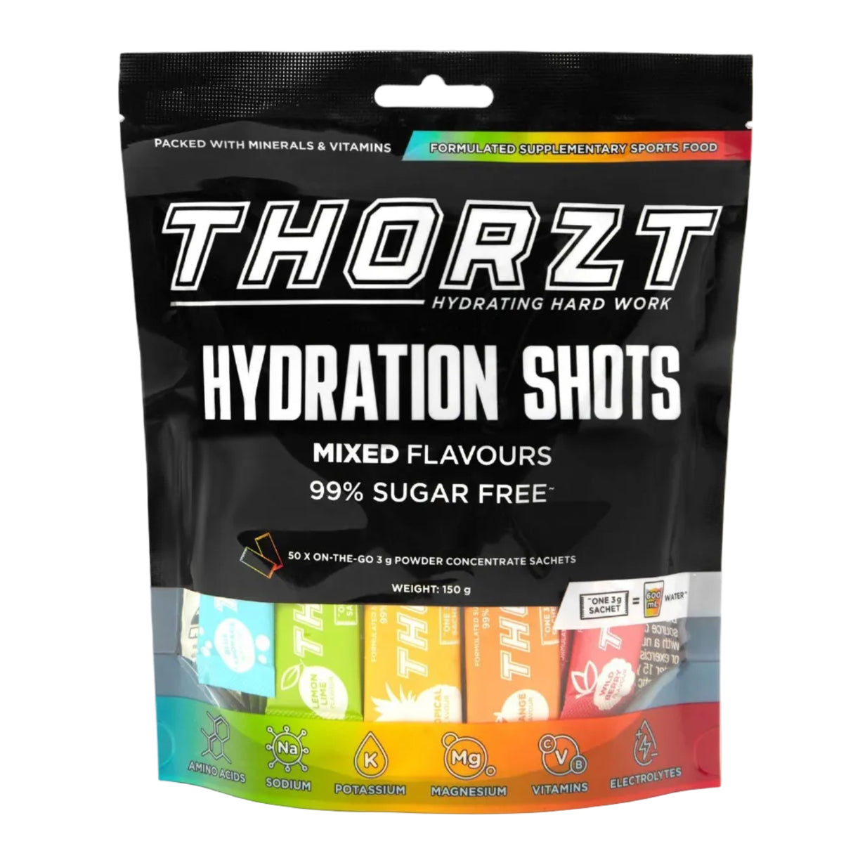 Thorzt hydration shots packaging with colorful flavor options on a white background