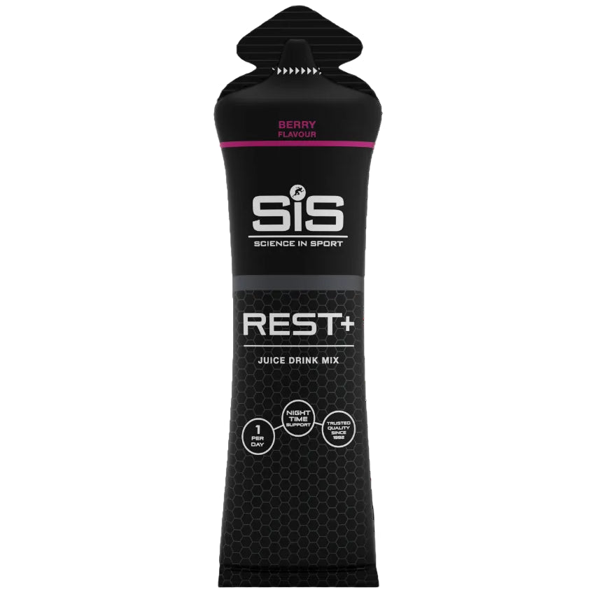 Black SIS (Science in Sport) REST+ juice drink mix packet on a white background
