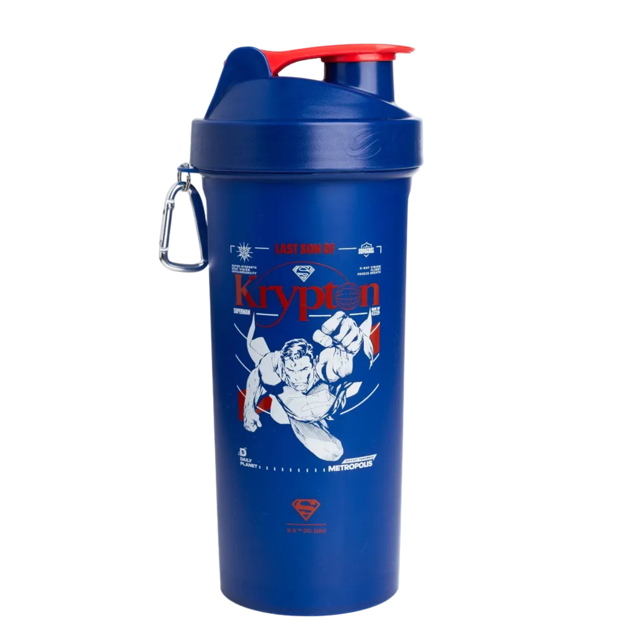Blue shaker bottle with Superman design on a white background