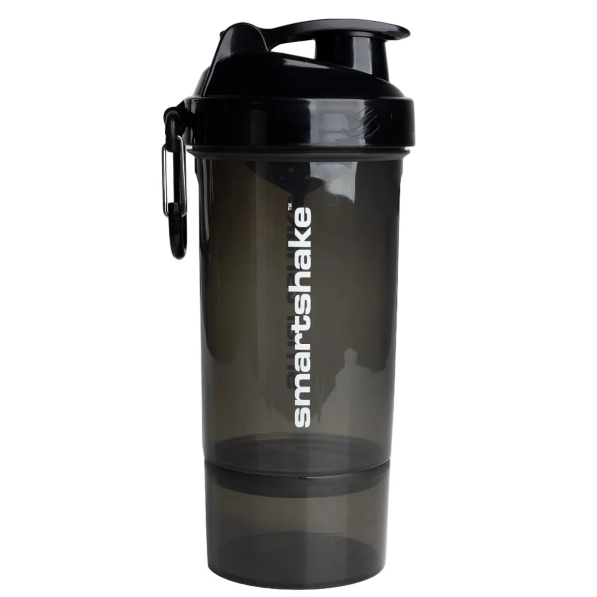 Black shaker bottle with a brand logo on a white background