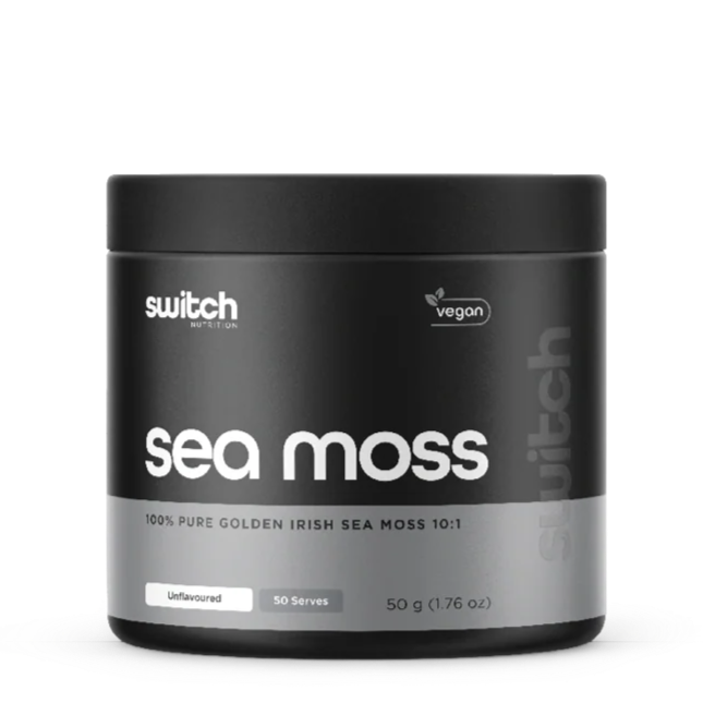 Container of sea moss with 'switch' branding on a white background