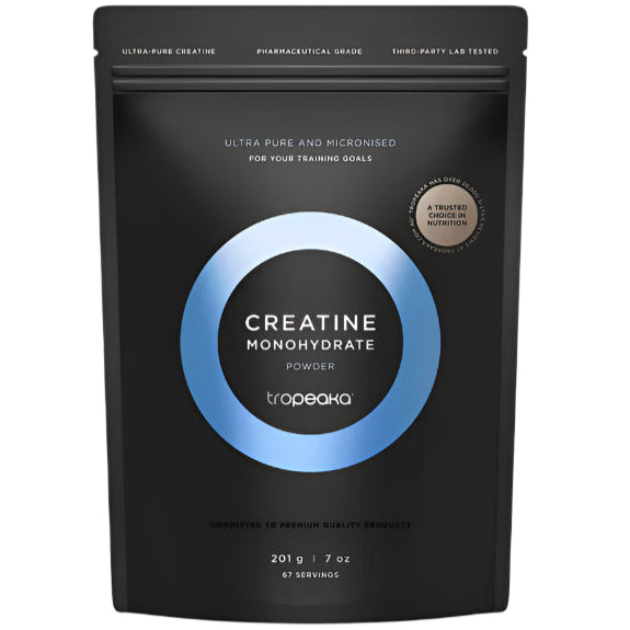 Black package of Tropeaka Creatine Monohydrate Powder with blue circle on a white background