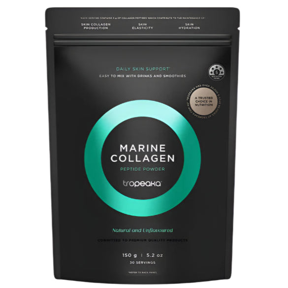 Tropeaka Marine collagen peptide powder package with teal and black design on a white background