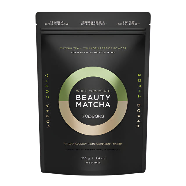 Black package of Tropeaka White Chocolate Beauty Matcha with branding on a white background