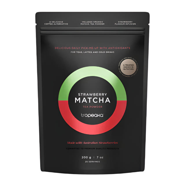 Tropeaka Strawberry Matcha tea powder package with green and red design on a white background
