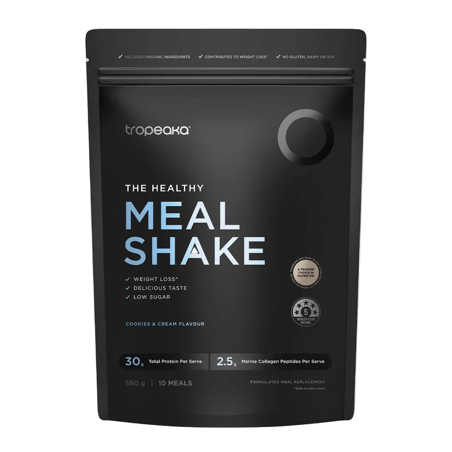 Black package of Tropeaka meal shake cookies and cream flavour on a white background