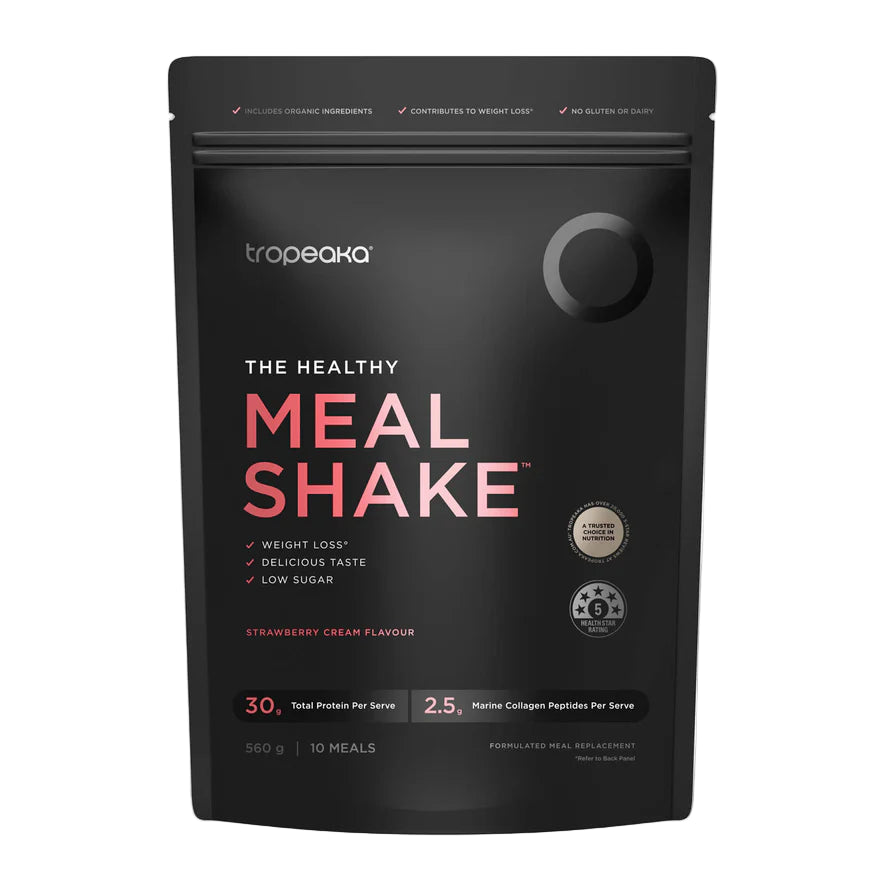 Black package of Troopeaka meal shake with pink text on a white background
