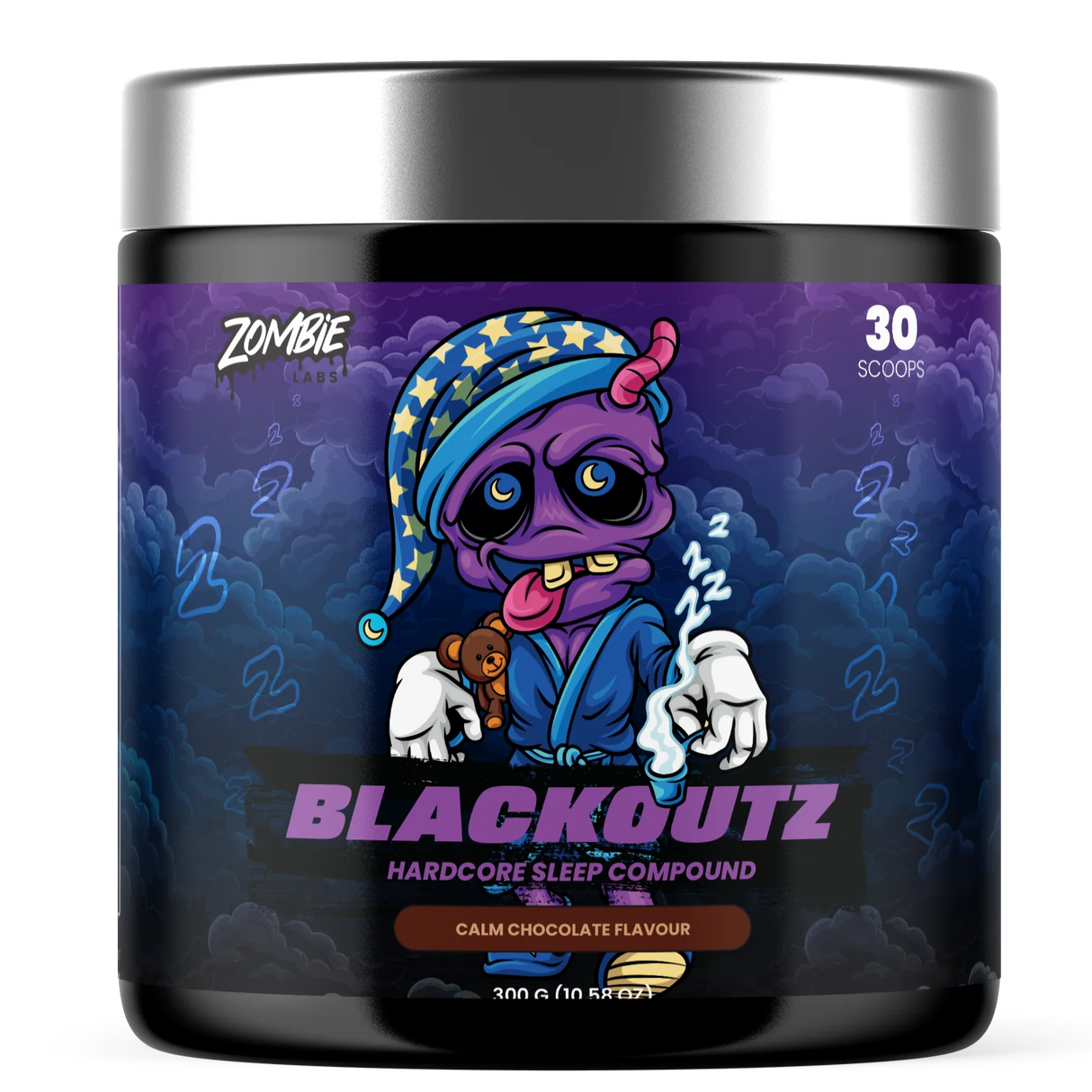 Blackoutz hardcore sleep compound container with colorful label on a white background
