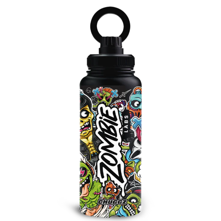 Black bottle with colorful graphic design and 'Zombie' branding on a white background