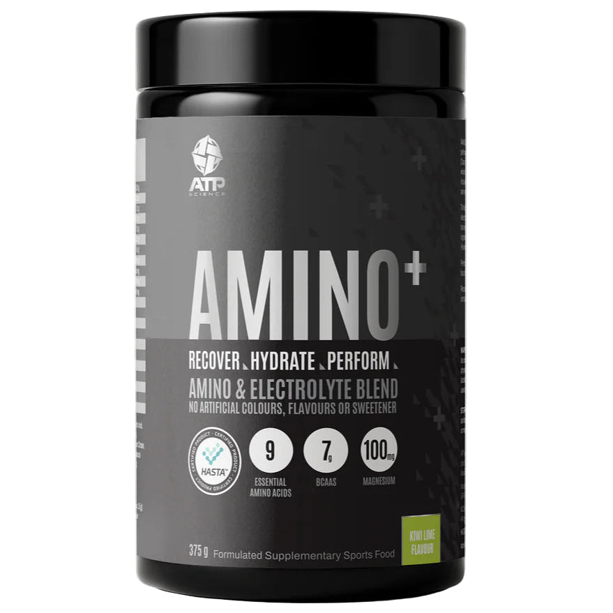 Black supplement bottle labeled 'Amino+' on a light gray background