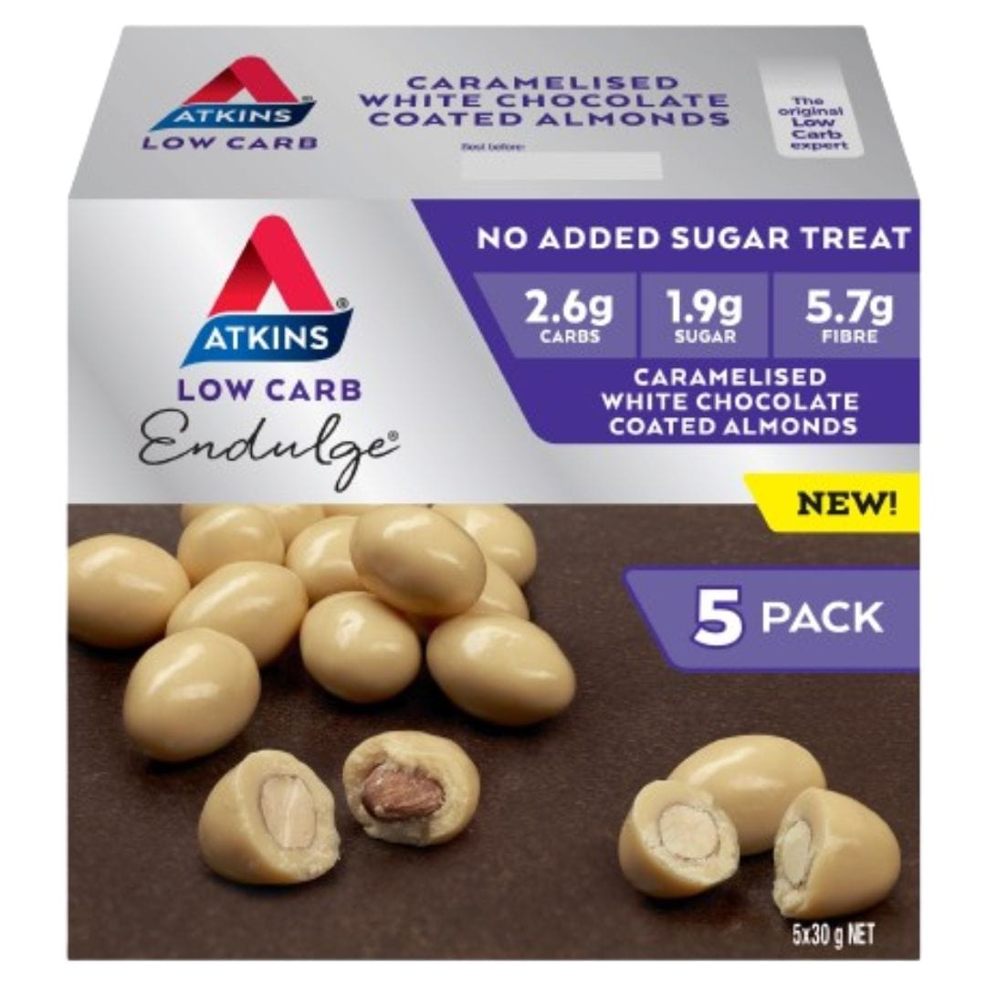 Atkins Low Carb Endulge Treat Chocolate Coated Almonds Caramelised White Chocolate / 4x 5 Packs (Value Box)