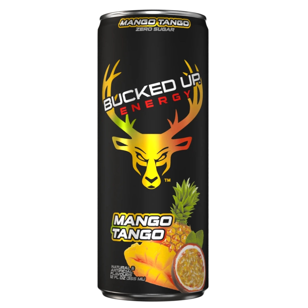 Bucked Up Energy Mango Tango energy drink can on a white background