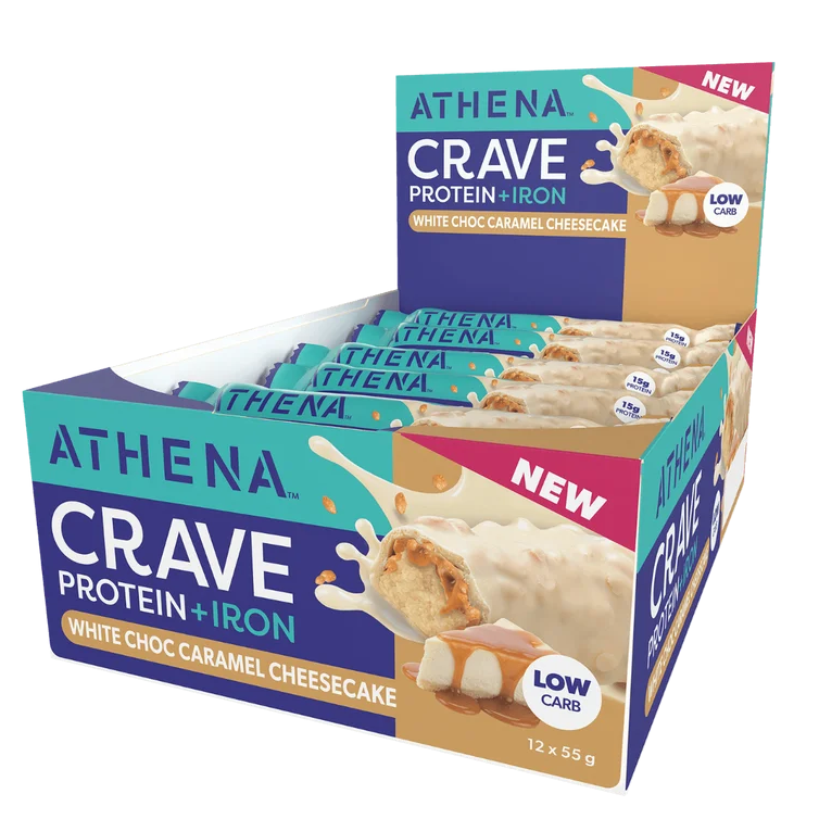 A box of Athena Crave Protein + Iron protein bars in White Choc Caramel Cheesecake flavor, shown on a clean white background.