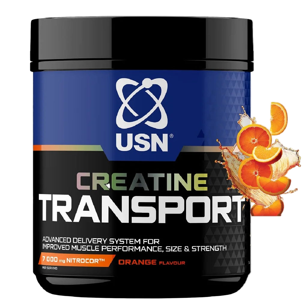 USN Creatine Transport supplement container with orange flavor indication on a white background