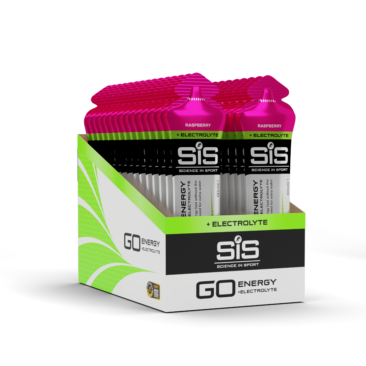 Box of SIS (Science in Sport) energy electrolyte powder packets with raspberry flavor.