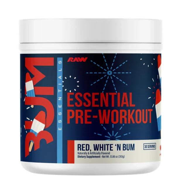 Pre-workout supplement container with red, white, and blue label on a white background