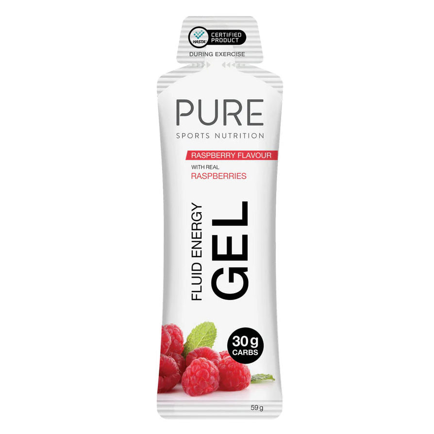 PURE Sports Nutrition fluid energy gel packaging with raspberry flavor on a white background