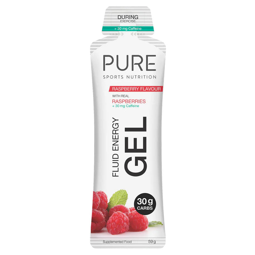 PURE sports nutrition fluid energy gel packaging with raspberries on a white background