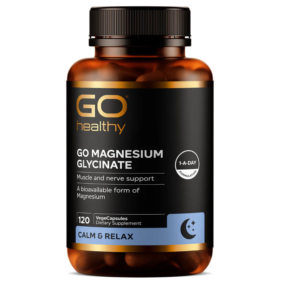 Supplement bottle labeled 'GO Magnesium Glycinate' by GO Healthy on a white background
