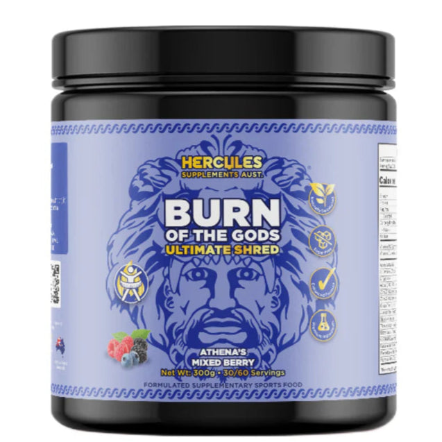 Supplement container labeled 'Burn of the Gods' by Hercules Supplements on a white background