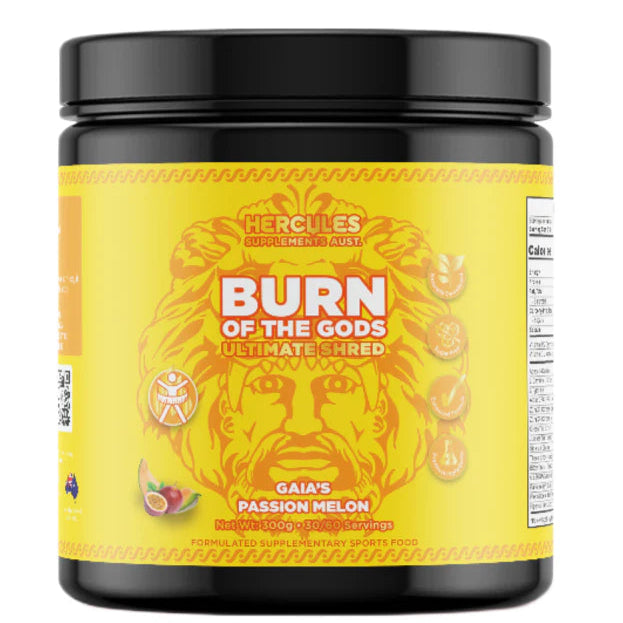 Supplement container labeled 'Burn of the Gods' on a white background