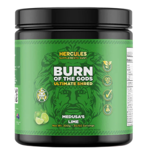 Supplement container labeled 'Burn of the Gods' by Hercules Supplements on a white background