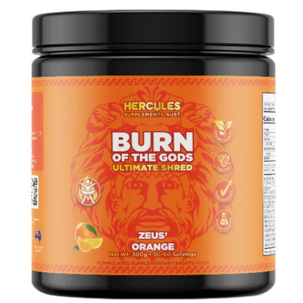 Supplement container labeled 'Burn of the Gods' by Hercules on an orange background