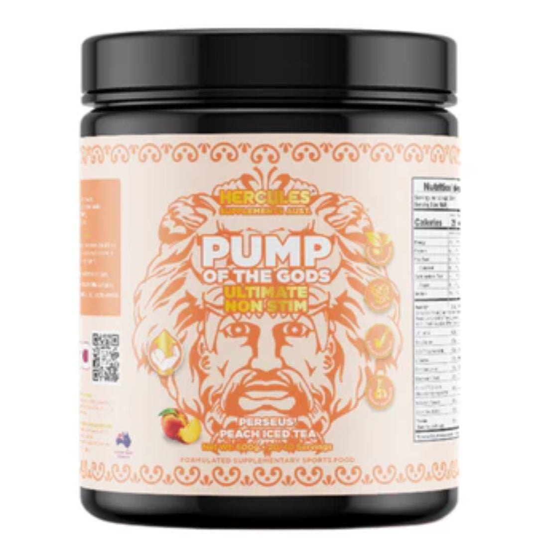 Supplement container labeled 'Pump of the Gods' with a black lid on a white background