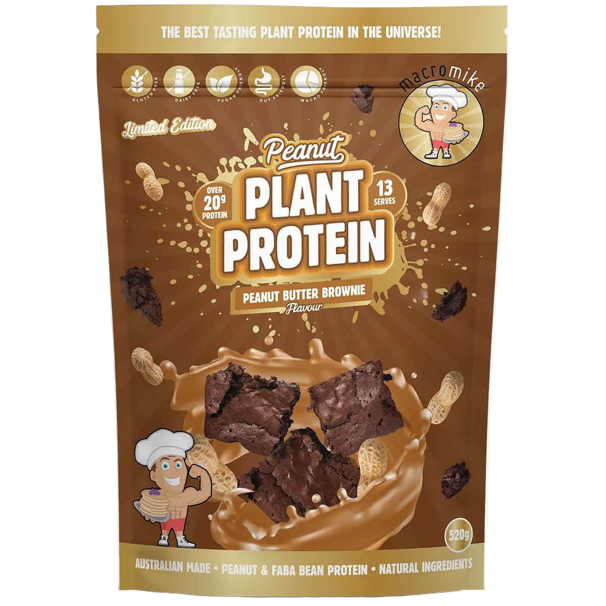 Pouch of Peanut Plant Protein Brownie flavor with branding and product details on a white background