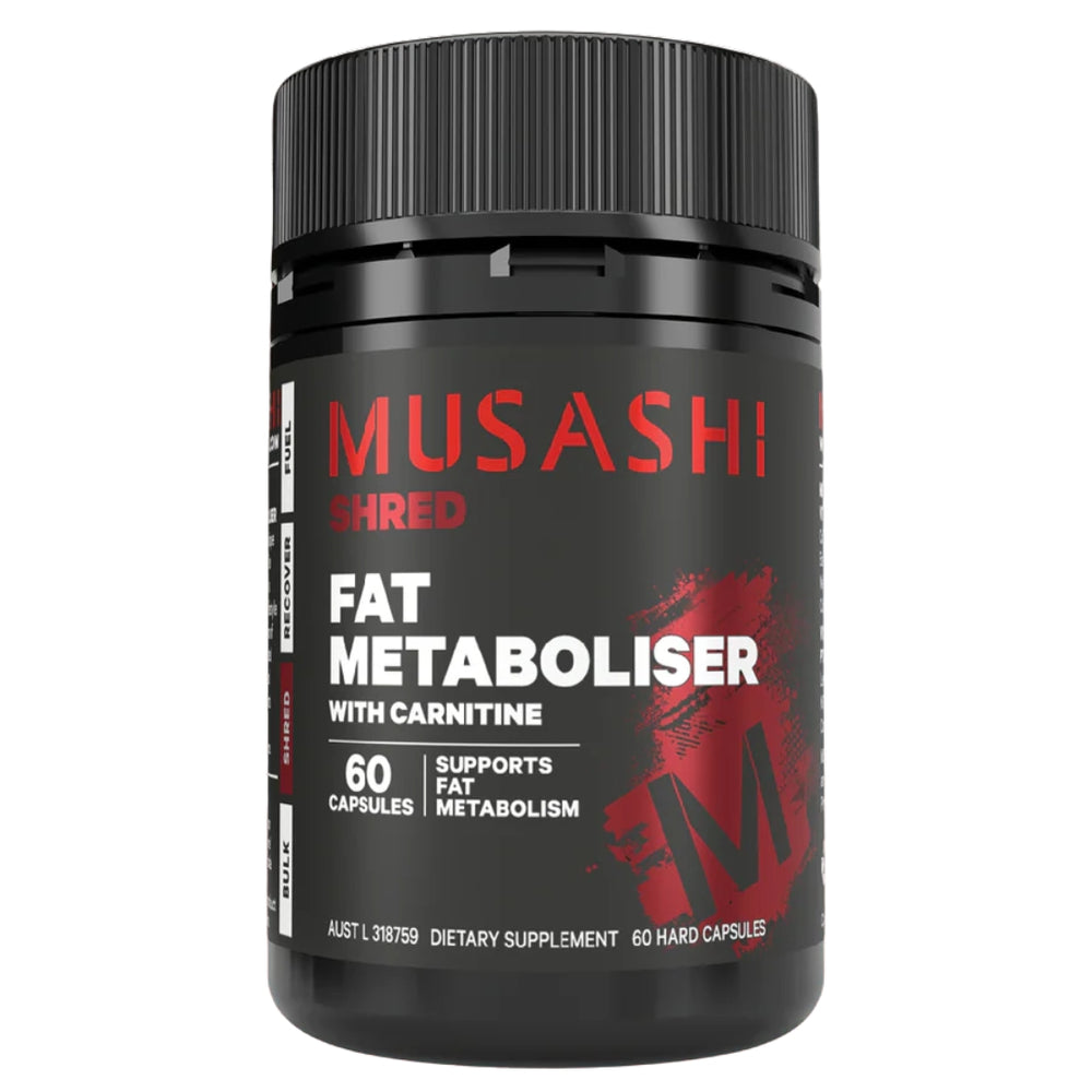Black supplement container labeled 'Musashi Shred Fat Metaboliser' on a white background
