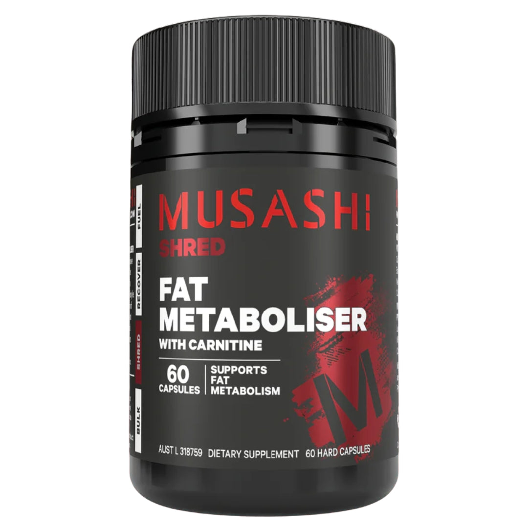 Black supplement container labeled 'Musashi Shred Fat Metaboliser' on a white background